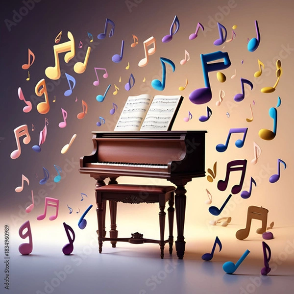 Fototapeta Piano stool 3d notes floating in air classical music concept
