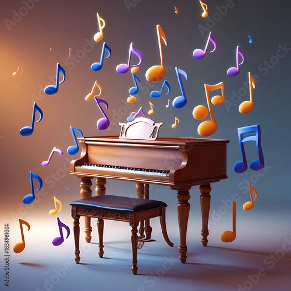 Fototapeta Piano stool 3d notes floating in air classical music concept