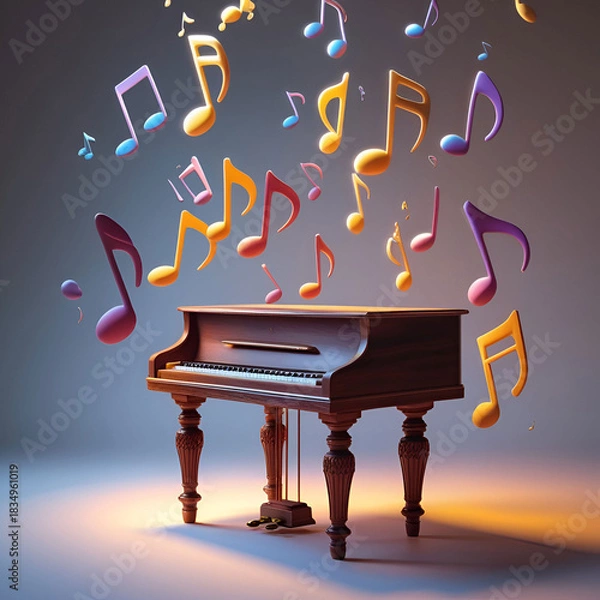 Fototapeta Piano stool 3d notes floating in air classical music concept