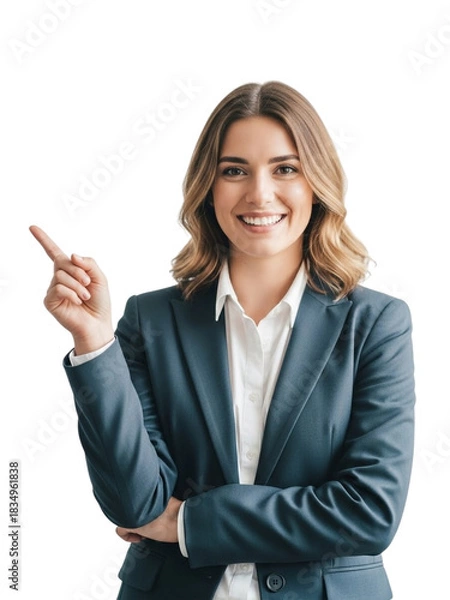 Fototapeta Smiling businesswoman pointing to the side against a black background