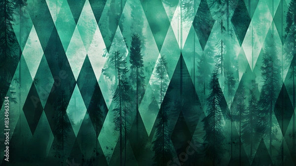 Obraz Dark green and deep blue abstract background featuring a stylized “forest” of geometric triangles and diagonal stripes, background, digital design texture 