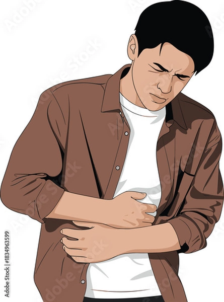 Obraz Man clutching his stomach in pain, illustration of abdominal discomfort, stomachache or cramps, medical health concept showing digestive or gut issues