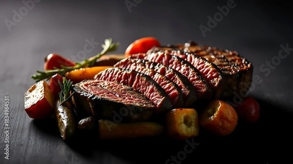 Fototapeta Delicious sliced steak cooked medium-rare with a shiny sauce and colorful roasted vegetables, highlighting premium food photography and rich culinary textures in high detail