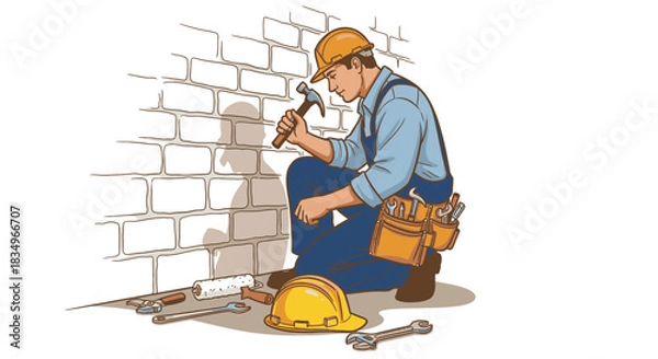 Obraz A focused construction worker, wearing blue overalls and a yellow hard hat, meticulously examines a brick wall with a hammer, surrounded by essential tools.