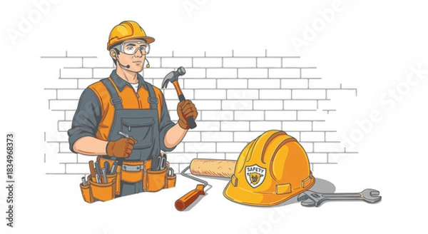 Obraz A skilled construction worker wearing safety gear and holding a hammer stands ready to build, surrounded by essential tools of the trade.