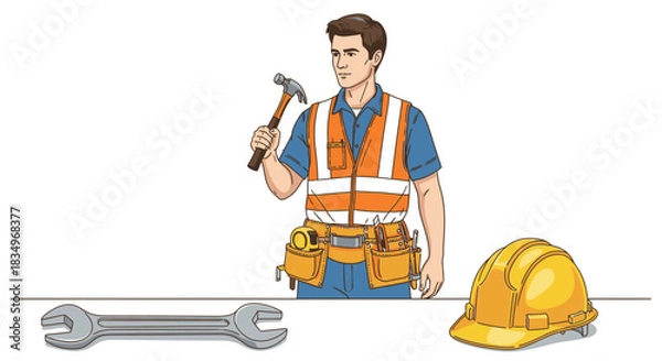 Obraz A focused man in a safety vest and tool belt, holding a hammer, stands ready for work, with a hard hat and wrench on the surface.