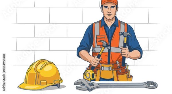 Obraz A professional construction worker, wearing a safety vest and cap, stands ready with hammers, a hard hat, and a wrench, ready for work.