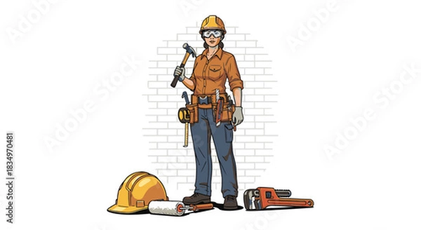 Obraz A confident female construction worker stands ready with her hammer and essential tools, embodying strength and skill in the building trades.