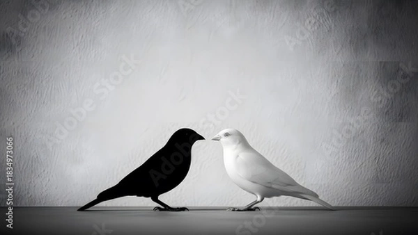 Obraz Black and white birds facing each other on textured background