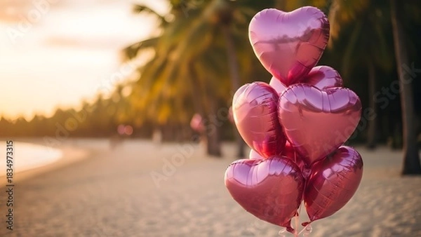Obraz Romantic heart balloons on a beach at sunset for valentine s day