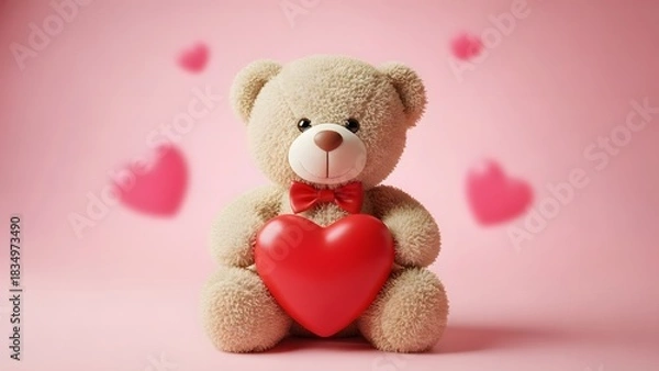 Obraz Teddy bear holding a red heart on a pink background for valentine s day