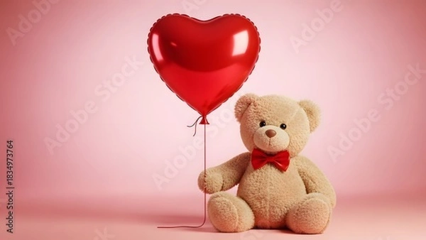 Obraz Teddy bear with red bow tie holding a red heart shaped balloon