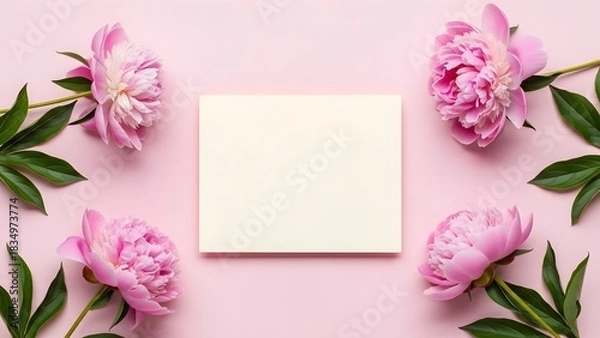 Obraz Pink peonies framing a square card on a pastel background