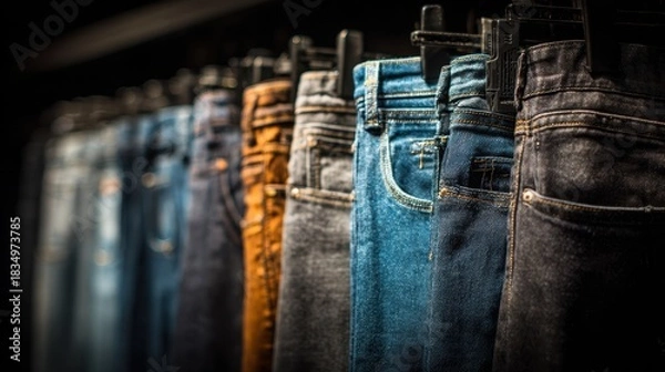 Fototapeta Display of various styles and colors of jeans on a shop shelf showcasing intricate fabric textures and details in a retail setting