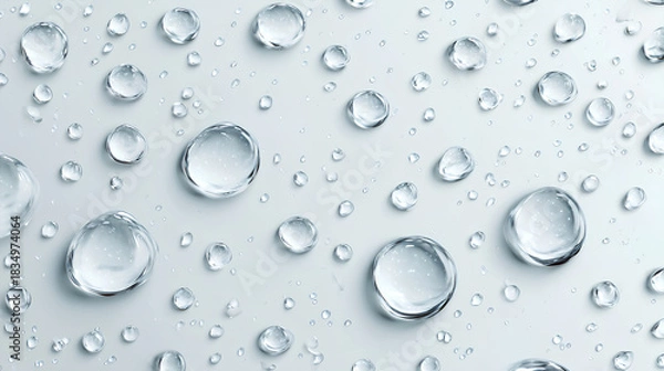 Obraz Realistic water droplets on clear window surface with dripping effect, fresh liquid texture on white background