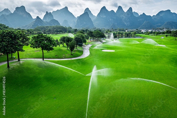 Obraz Automatic irrigation system watering the green grass on golf course field.
