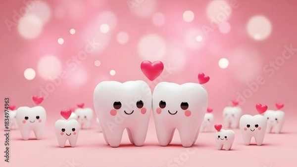 Obraz Cute cartoon teeth characters in love on pink background for valentine s day