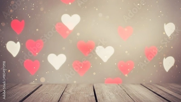 Obraz Romantic valentine s day background with hearts and wooden floor for product display