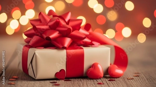 Obraz Festive gift box with red bow and heart decorations for valentine s day