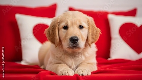 Obraz Adorable golden retriever puppy surrounded by red and heart themed valentine s day decor