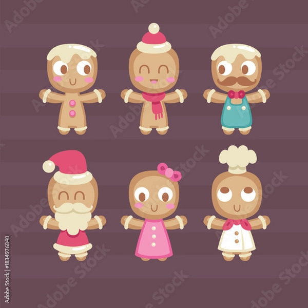 Fototapeta A fun set of gingerbread characters with cute expressions and festive clothing. Includes male and female cookie figures arranged on a striped background—a perfect Christmas illustration.