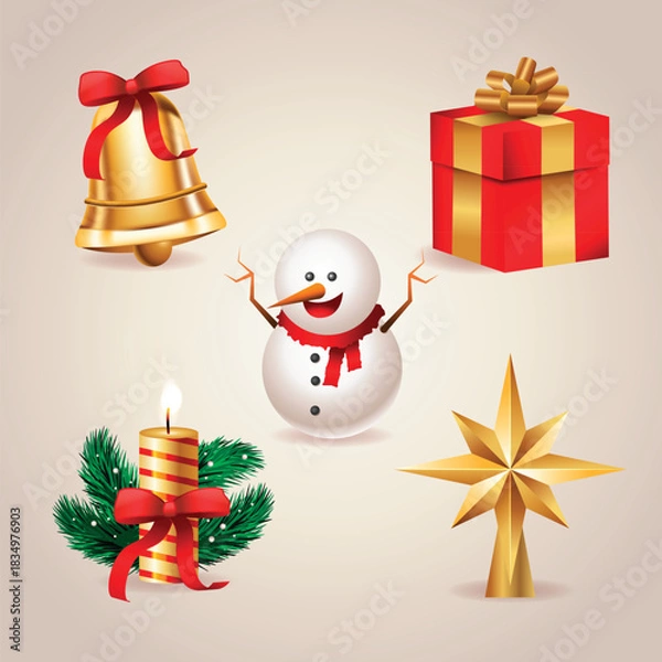 Fototapeta A cheerful Christmas composition featuring golden bells, a smiling snowman, a glowing candle, a wrapped gift, pine branches, and a shining star. Bright festive elements on a warm background.