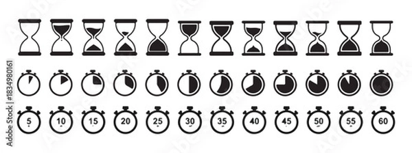 Fototapeta Set of black and white hourglass icons displaying various levels of sand, alongside stopwatches indicating time progression