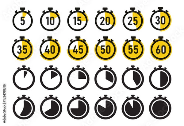 Fototapeta collection of timer icons showing time intervals from 5 seconds to 60 seconds with full fill indicators