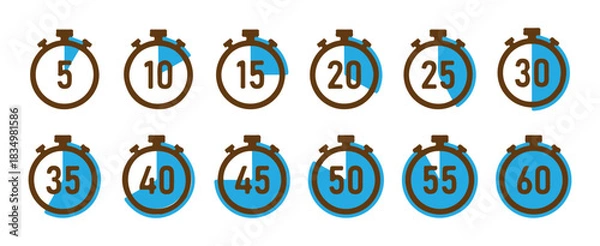 Fototapeta Collection of blue and brown stopwatch icons indicating various time intervals from 5 to 60 minutes