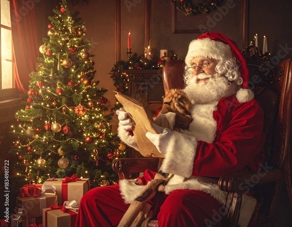 Obraz Close-up portrait of Santa Claus with his traditional red suit, white beard, and cheerful expression. Warm festive lighting enhances the holiday atmosphere, capturing the joyful