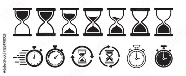 Fototapeta Time icons set including hourglass and stopwatch symbols, representing concepts of passage of time countdown deadline