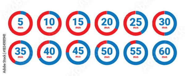 Fototapeta Series of colorful circle timer icons indicating minute intervals from 5 to 60 minutes in red and blue
