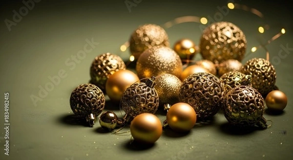 Fototapeta A collection of golden Christmas ornaments and string lights are arranged on a green surface.