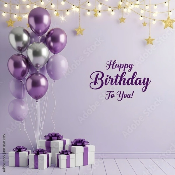 Fototapeta Happy Birthday Celebration with Balloons, Gifts, and String Lights on Light Purple Background Festive, Decorative, Joyful, and Modern