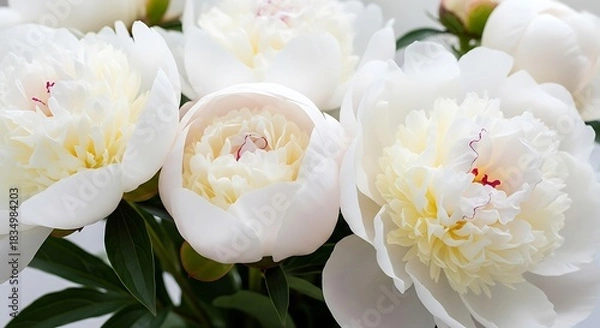 Fototapeta Delicate white peonies bloom with soft yellow centers and green leaves.