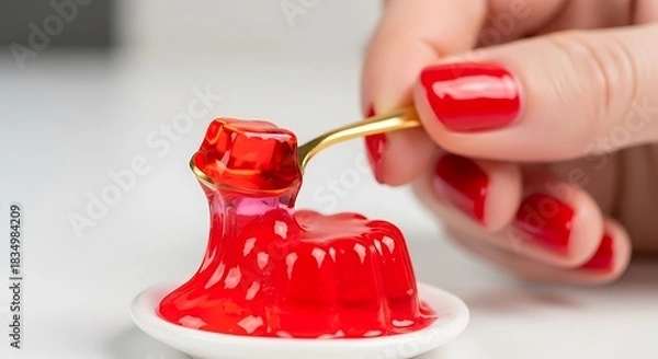 Fototapeta Red gelatin dessert is scooped with a golden spoon by a hand with red nails.