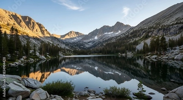 Fototapeta Serene mountain lake reflects rugged peaks and pine forests in golden sunlight.
