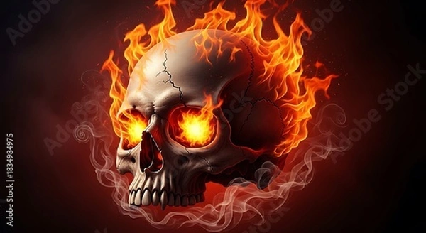 Fototapeta Fiery skull with glowing eyes and smoke emanates intense heat.