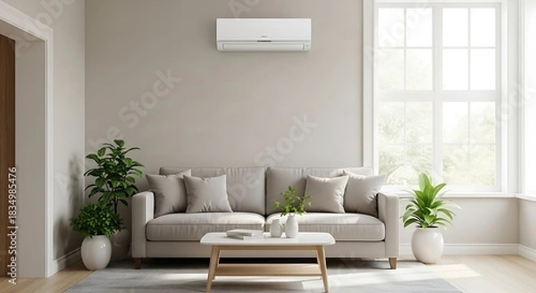 Fototapeta Modern living room features a comfortable sofa and air conditioning unit.