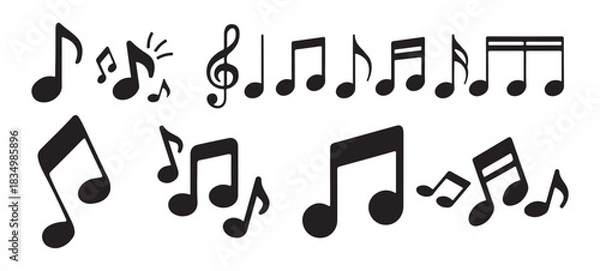 Fototapeta Set of black musical notes for composing songs and melodies, flat design elements for audio concepts