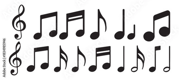 Fototapeta Black musical notes set for composing songs and melodies, flat design elements for audio concepts