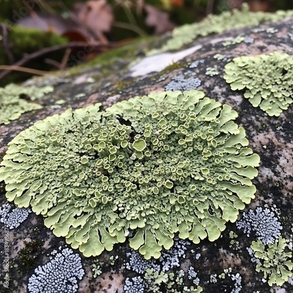 Fototapeta Pale green lichen grows on a textured stone surface.