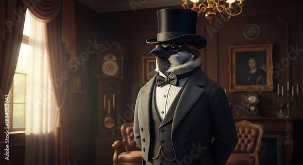 Fototapeta Dapper bird dressed in formal wear poses indoors.