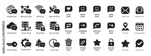 Fototapeta Global network and data chat icons vector set. secure love and happy messages in modern glyph style