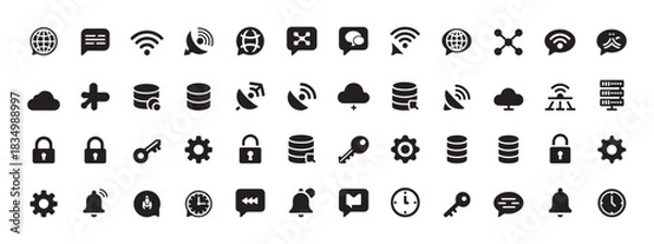 Fototapeta A comprehensive vector collection of communication and technology icons in modern glyph style for various uses