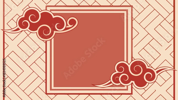 Fototapeta Elegant oriental frame with red clouds and geometric pattern background