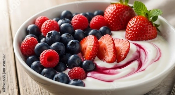 Fototapeta White bowl filled with yogurt, blueberries, raspberries, and strawberries.