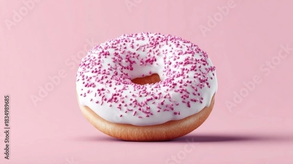 Fototapeta Delicious donut with white frosting and pink sprinkles on a soft pink background