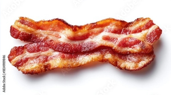 Fototapeta Crispy bacon strips isolated on a clean white background, overhead shot
