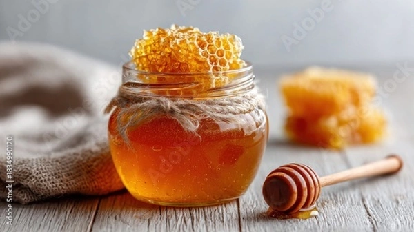 Fototapeta Delicious honey jar with honeycomb and wooden honey dipper on a rustic table